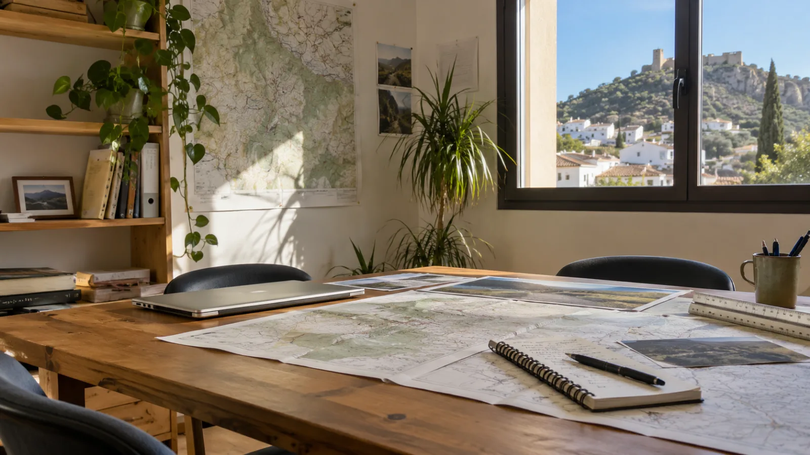 Mesa de trabajo con cartografía y un pueblo andaluz al fondo