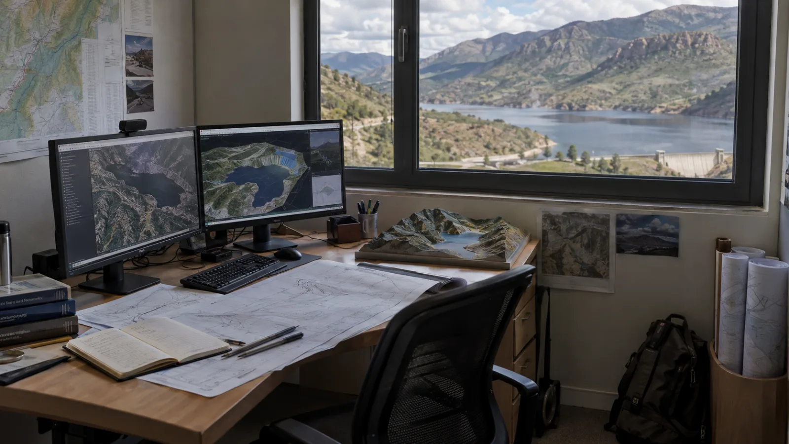 Oficina técnica con sistemas de información geográfica y vistas a un embalse