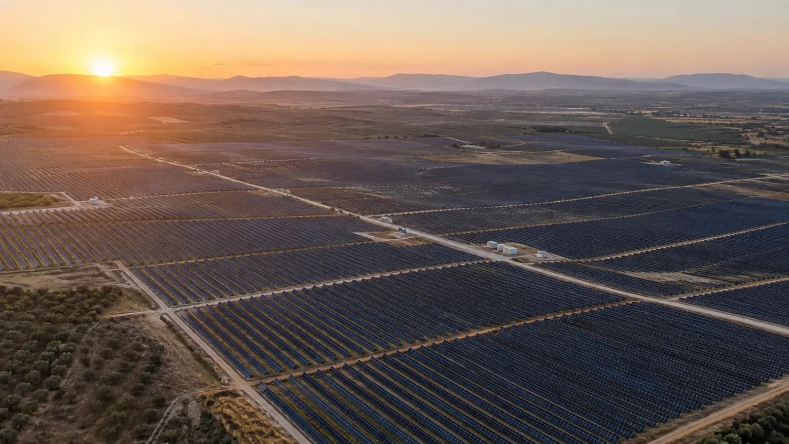 Vista aérea de una planta solar entre campos al amanecer