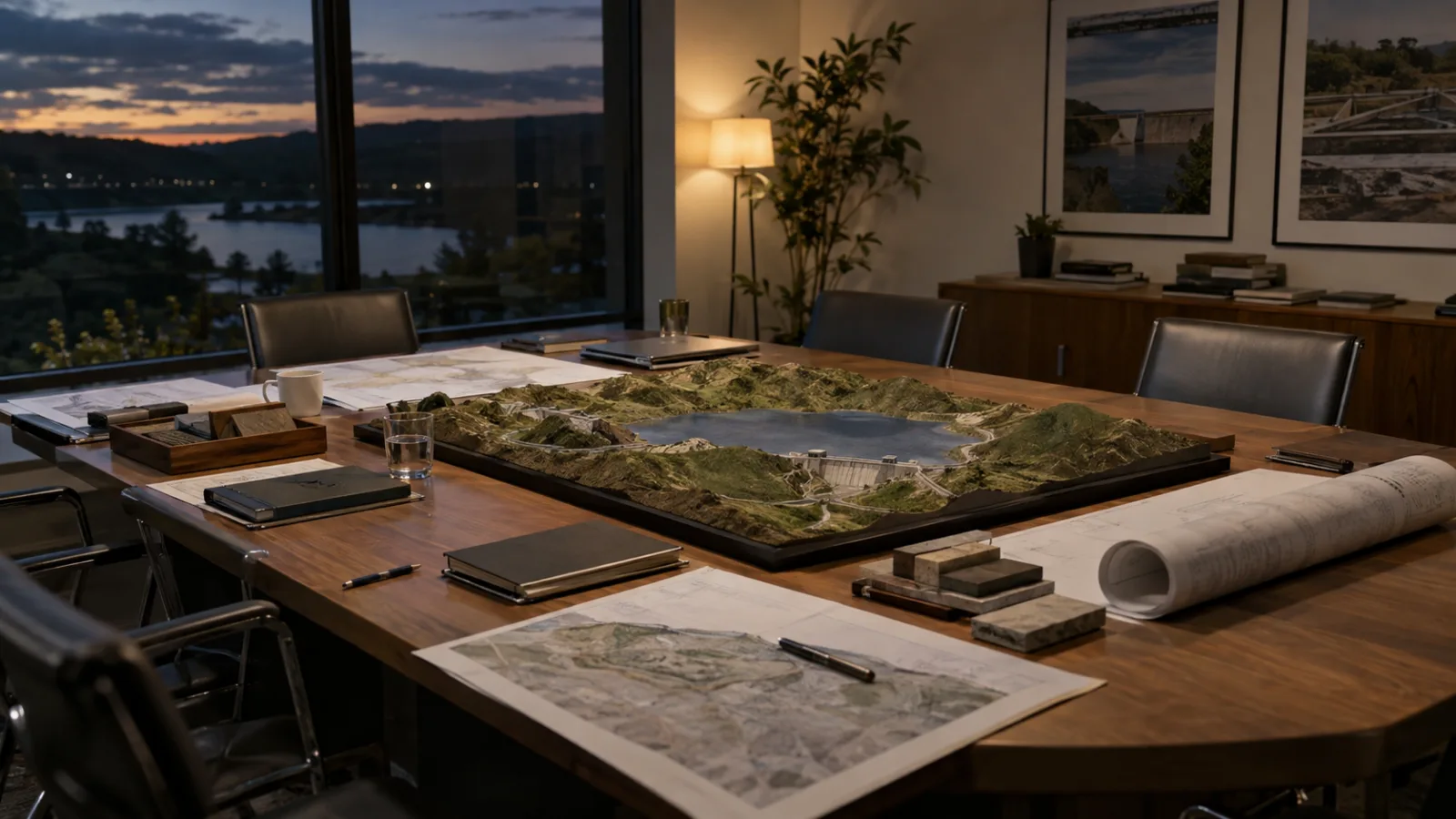 Sala de reuniones con maqueta de territorio y planos sobre la mesa
